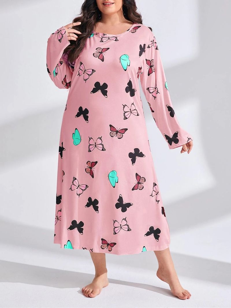 Damenbekleidung Langärmliges Nachthemdkleid mit Schmetterlings- und Herz-Leopardenmuster, überschnittener Schulter, großer Größe_voghion.com