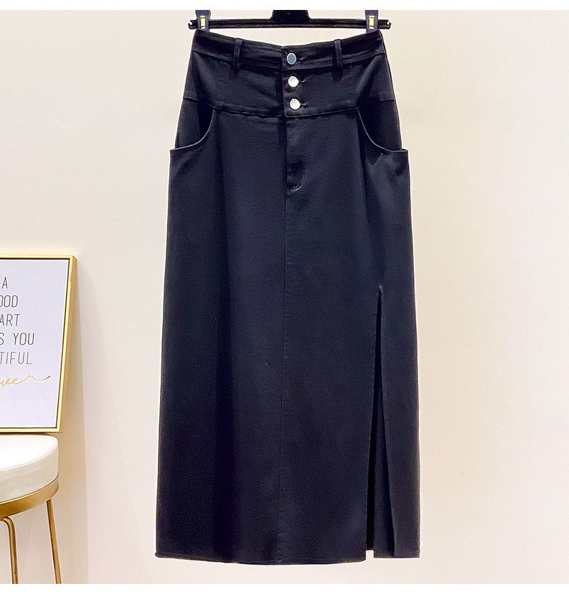 Stretchy High-Waist Split Hem Pencil Skirt For Plus Size Women - Cotton Blend Denim-Like Midi Skirt With Buttons (Black, Blue Floral)_voghion.com