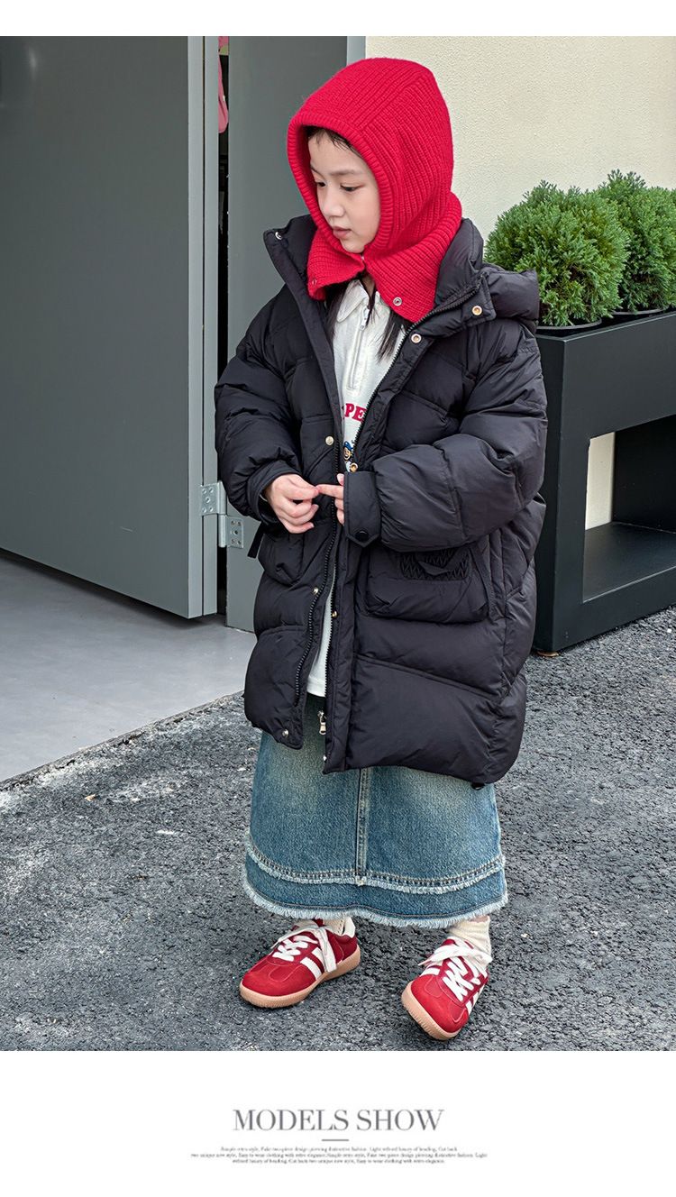 Piumino invernale in stile coreano per ragazze - Piumino con cappuccio color caramella e finiture in pelliccia, caldo e alla moda, beige/nero/rosa (120-160 cm)_voghion.com