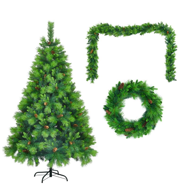 6FT Grass Green Pre-Lit Artificial Christmas Tree with Large Branches, Pine Cones, Hinged Design, Includes Garland and Wreath – Perfect for Holiday, Home, Office Decor_voghion.com