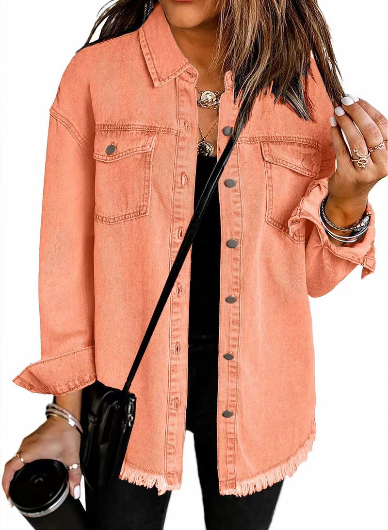 Giacca in denim effetto consumato da donna con orlo grezzo - Camicia in cotone lavato vintage per abbigliamento casual da strada_voghion.com