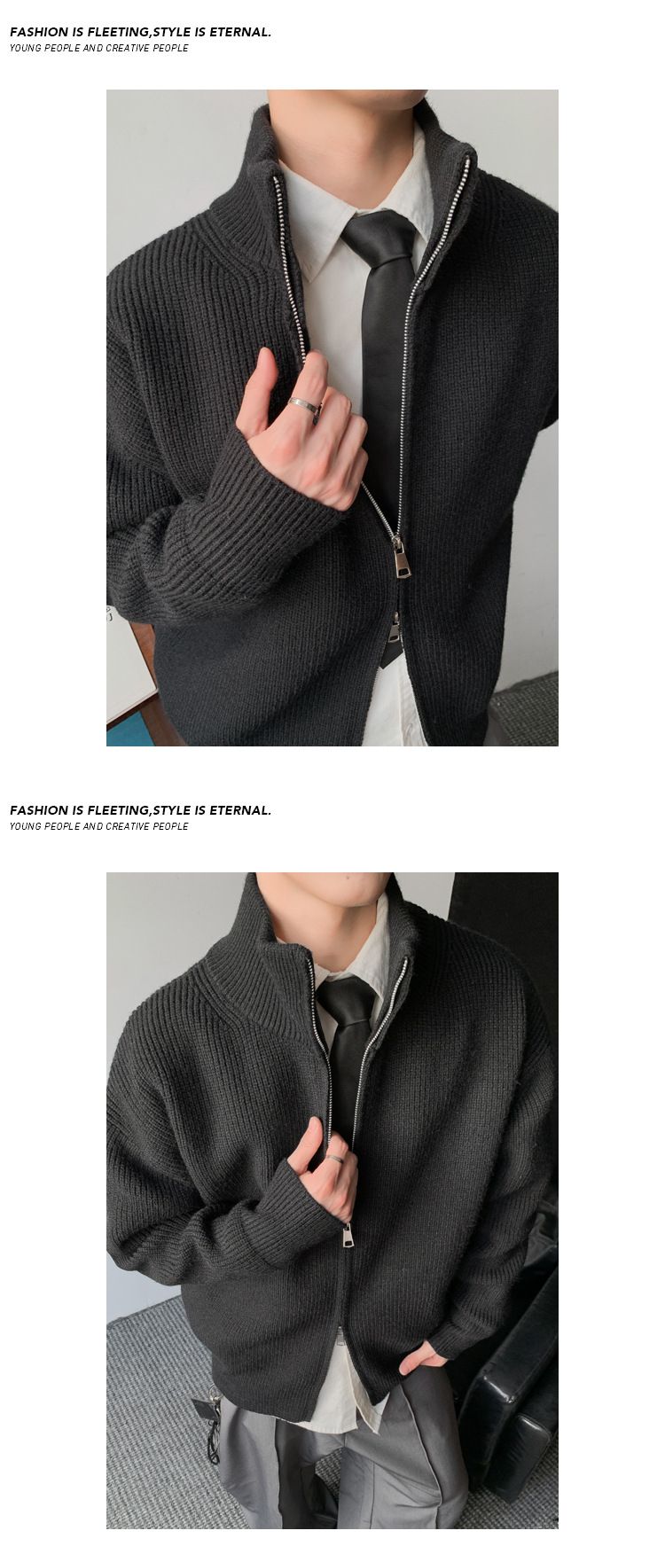 Herrenbekleidung – Strickjacke mit Stehkragen – Verdickter Retro-Pullover für Herbst und Winter, Slim Fit-Basisschicht, Stretch-Polyester-Mischgewebe, Grau und Schwarz_voghion.com