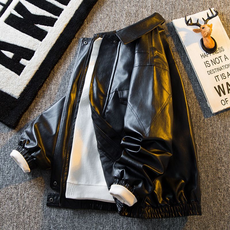 Herren Vintage PU Lederjacke, Retro Workwear Mantel, Loose Fit Zweireihige Bikerjacke Für Herren, Schwarz & Dunkelbraun, S-XXXL_voghion.com