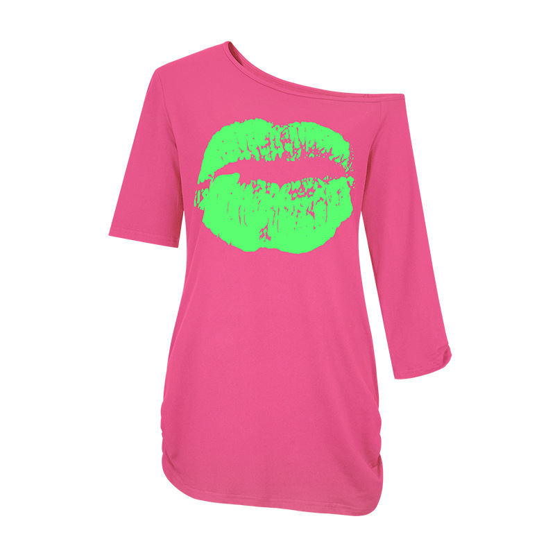 Damen Love bedrucktes Kurzarm-T-Shirt, schulterfreies, unregelmäßiges Ärmel, langes, modisches, schmales Oberteil_voghion.com