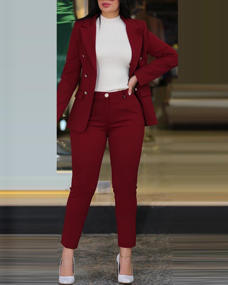 Îmbrăcăminte pentru femei, costum elegant și uni, cu mâneci despicate, rever, buzunare și pantaloni drepți_voghion.com