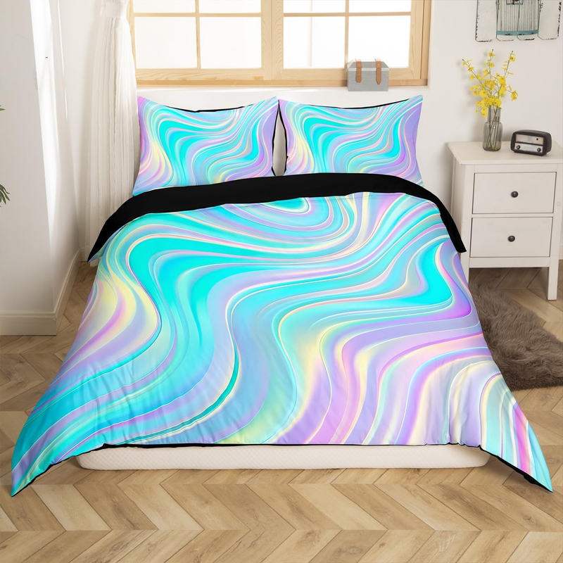 Copripiumino tie-dye viola-verde acqua per lettino, copripiumino con linee curve astratte, set di biancheria da letto sfumata, set di biancheria da letto sfumata con 2 federe, arredamento per la camera da letto_voghion.com