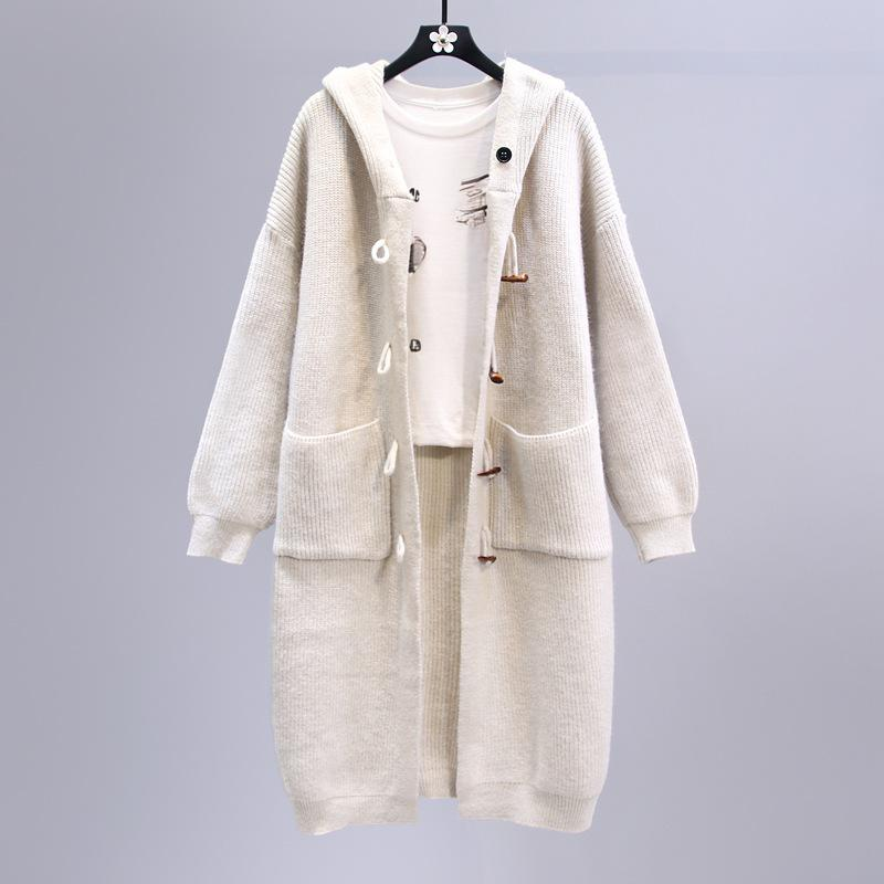 Cardigan oversize con cappuccio da donna – Cappotto lungo in maglia grossa con alamari in legno, stile casual boho invernale_voghion.com
