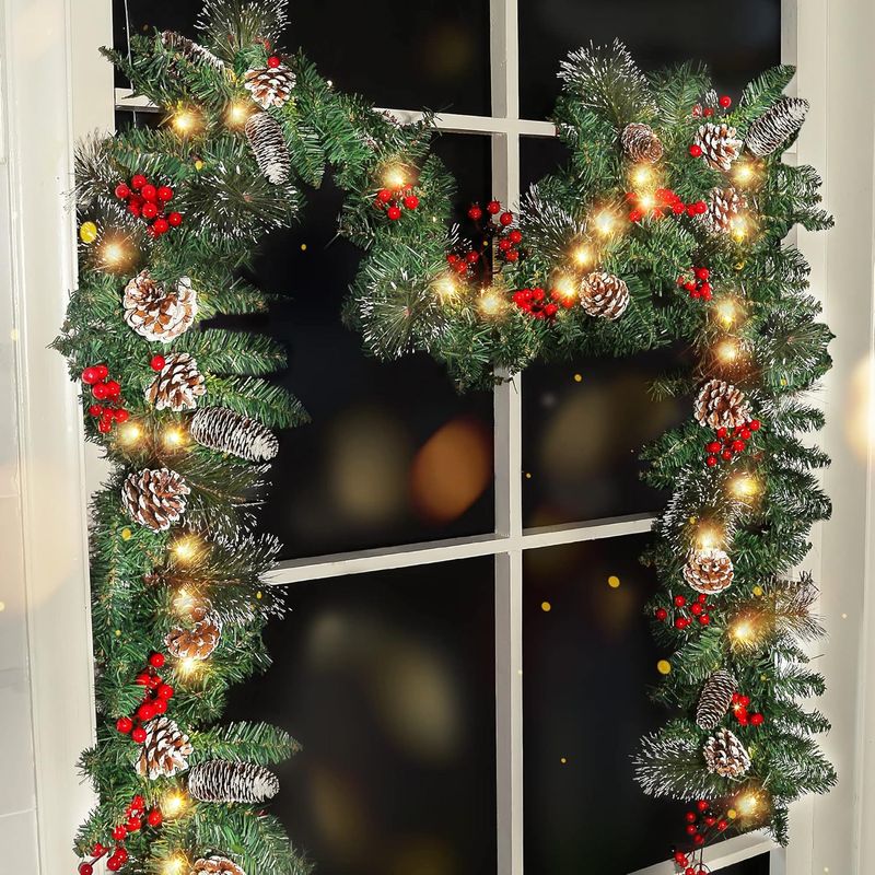 180/270CM Christmas Wreath Door Hanging - Artificial Pine Garland With Warm White LED Lights (8 Modes, Waterproof) For Holiday Decor"_voghion.com