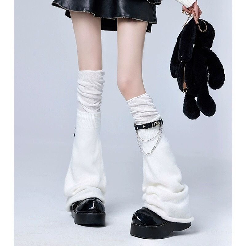 Scaldamuscoli neri larghi con fibbia in pelle e anello punk, per cosplay, sottocultura Y2K, calzini morbidi sopra il ginocchio, stile versatile_voghion.com