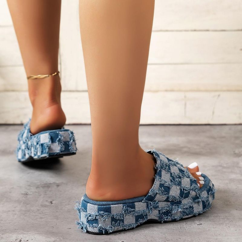 ShoeVault For Women 2023 Cross-Border Summer New Large Size Beach Slippers One-Strap Thick-Soled Denim_voghion.com