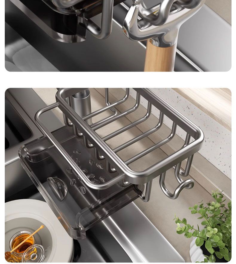 Labelable Kitchen Faucet Storage Rack Space Aluminum No-Drill With Drain Tray Organizer_voghion.com
