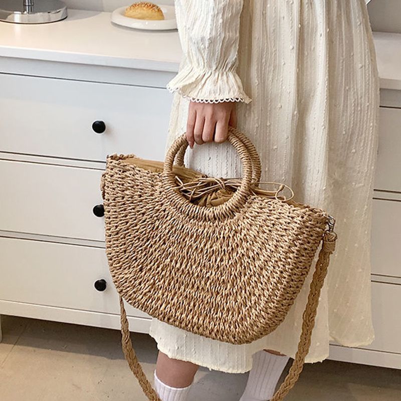 Borsa fatta a mano in rattan da donna in paglia intrecciata estiva Nuove borse da spiaggia da viaggio a spalla alla moda Borsa con manico in tessuto_voghion.com