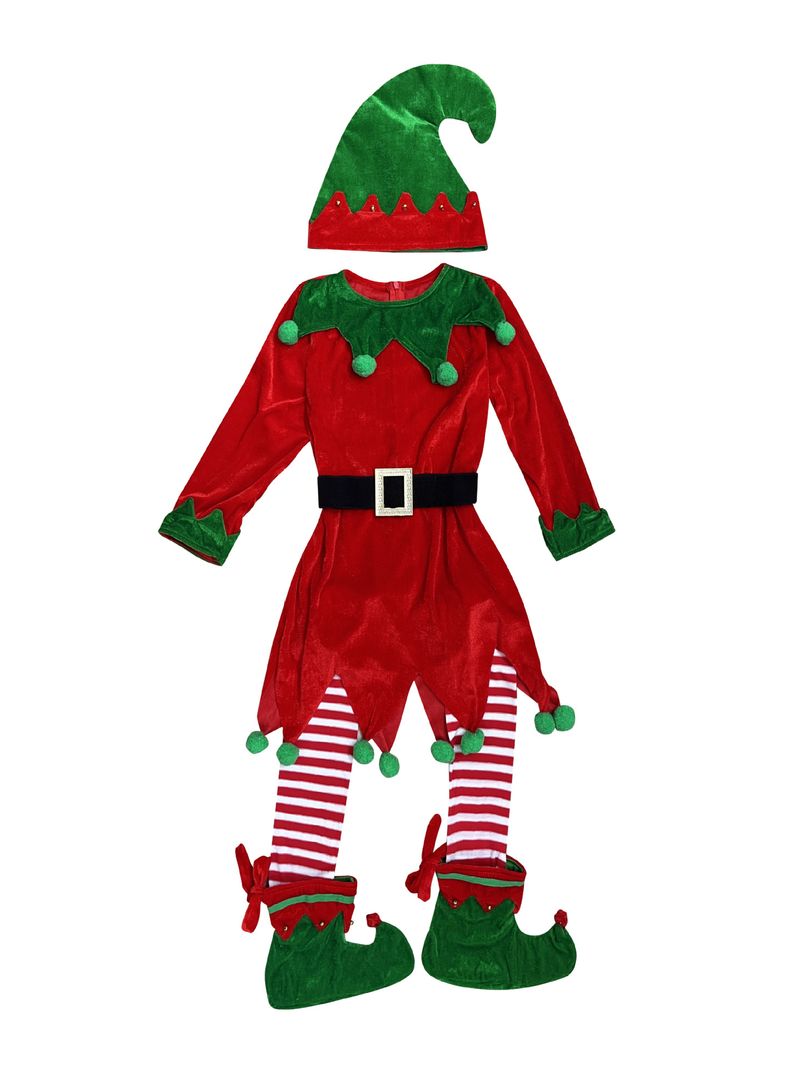Disfraz de elfo navideño para niños: vestido de fantasía verde con sombrero, cinturón, cubrepiés y calcetines para actuaciones en el escenario y para combinar con toda la familia._voghion.com