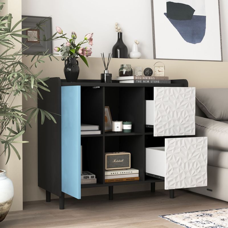Sideboard Buffet Cabinet, Black Storage Cabinet With Red Doors , 2 Drawers With Unique Panel Styling And 2 Open Storage Compartment, Modern Coffee Bar Cabinet Accent Cabinet For Kitchen, Dining Room,_voghion.com
