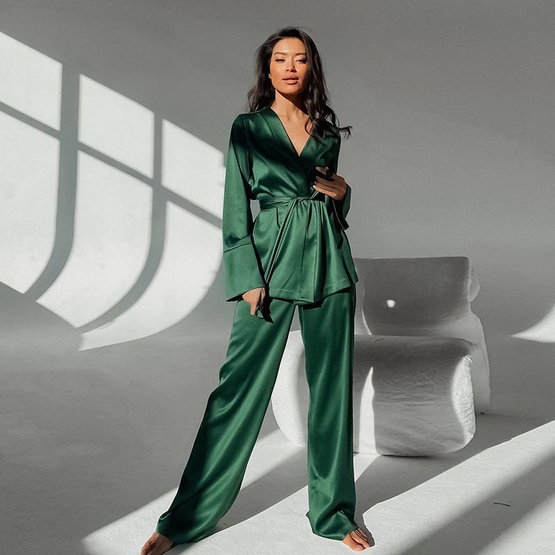 Women's Sleepwears Nightgown Ice Silk Comfortable Long Sleeve Pajamas Loose Pajamas Two Piece Set Fashionable Women's Home Clothes_voghion.com