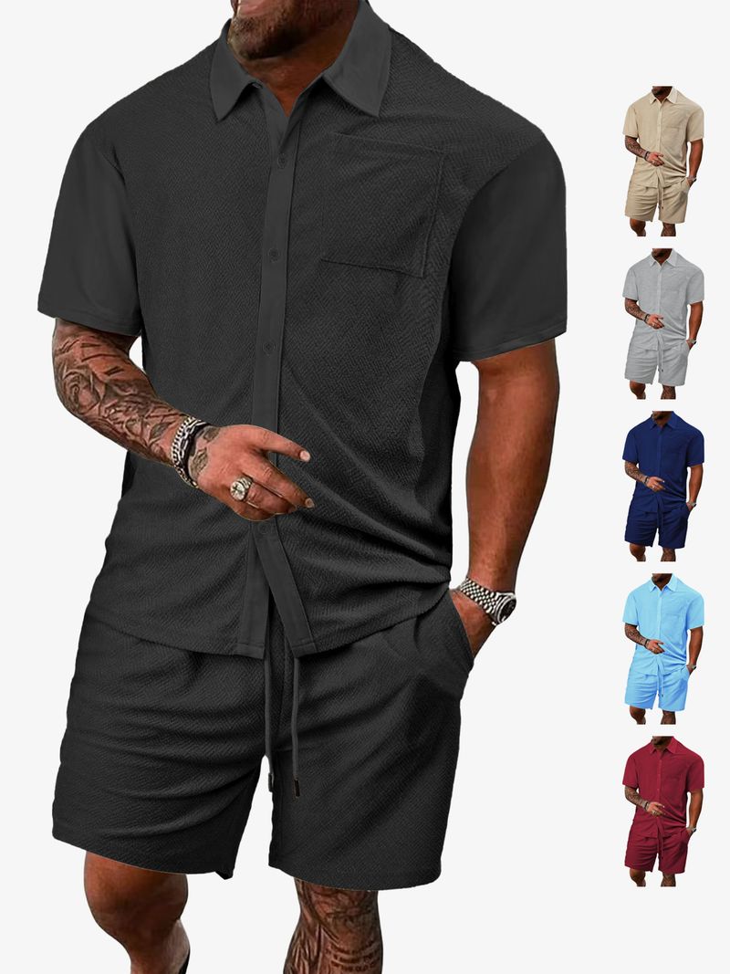 Men's Clothing New Casual Button Solid Color Cross Pattern Towel Jacquard Cloth Short Sleeved Shorts Suit_voghion.com