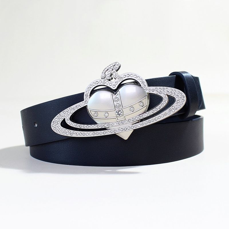 Cintura Saturn in stile Vivienne - Fibbia con logo color argento | Cinturino in pelle PU nera da 1,5" di larghezza | Cinturino unisex alla moda punk (regolabile da 28 a 42 pollici)_voghion.com