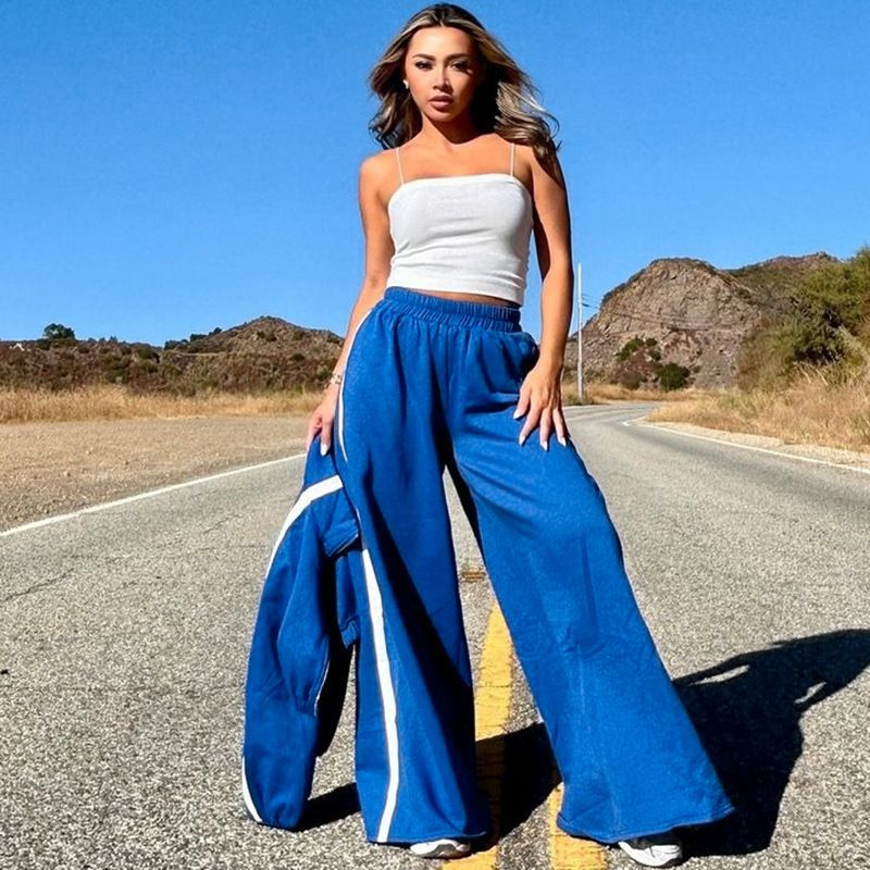 Completo tuta color-block alla moda: giacca con zip e pantaloni a gamba larga (blu/nero/giallo, taglie dalla S alla L)_voghion.com