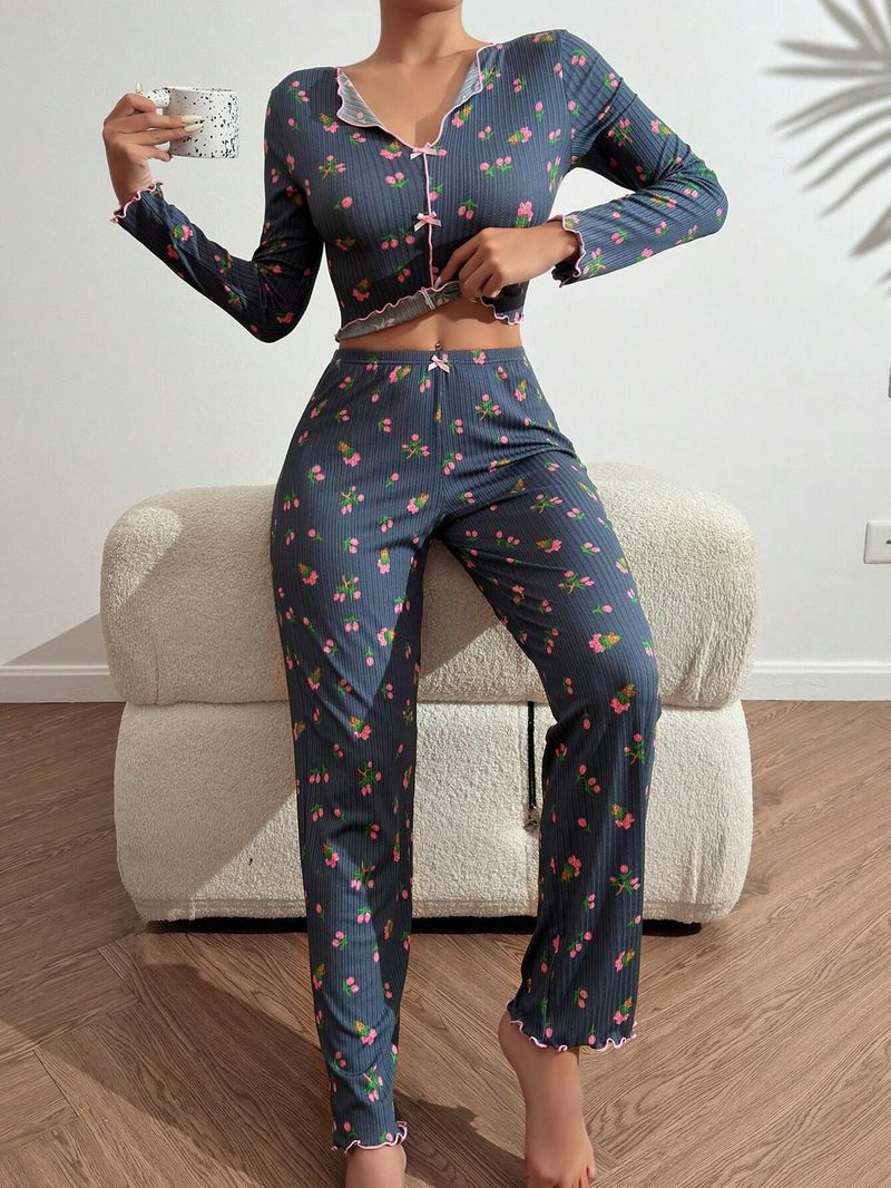 Underwear Home Clothes Casual Printed Trousers Long Sleeveswearable Women's Pajamas Two Piece Set_voghion.com