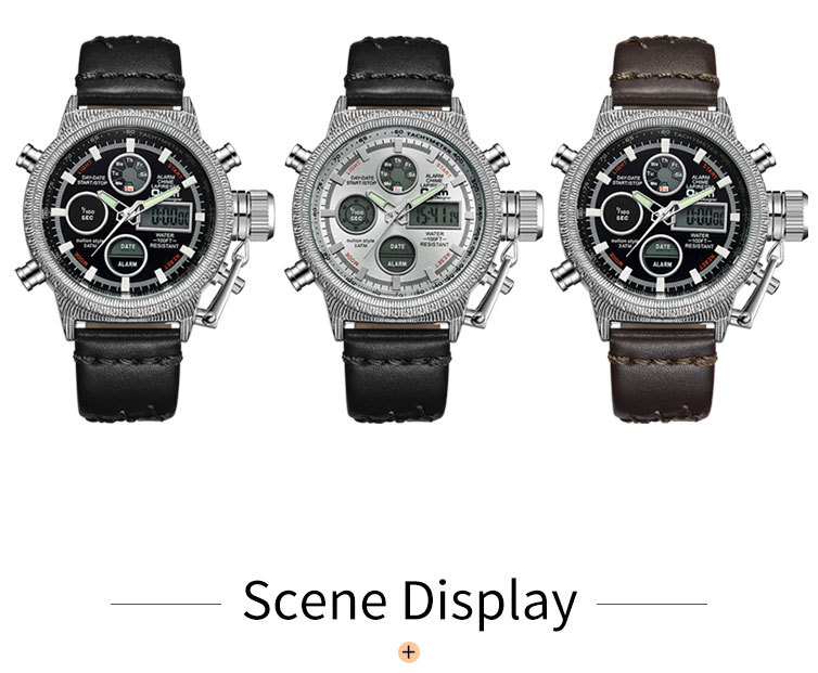 Men's Multifunctional Casual Quartz Watch With Genuine Leather Strap, Backlight, GMT, Alarm, Chronograph, And Date Display_voghion.com