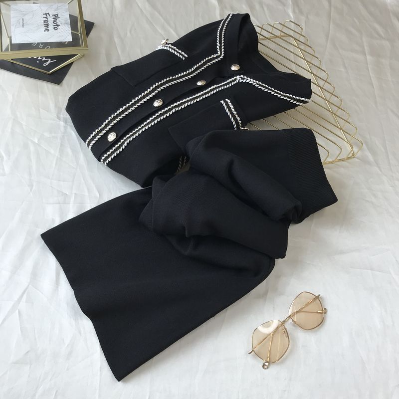 Kadın moda yuvarlak boyun örme hırka üst geniş bacak pantolon iki parçalı set_voghion.com