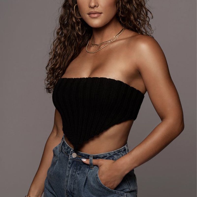 2024 strapless gebreide camisole onregelmatige mouwloze off shoulder strakke pasvorm afslankende wollen korte top trui_voghion.com