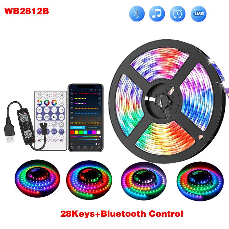 Bande lumineuse LED RVB 5 V avec 18 LED/m – SMD 5050, télécommande 28 touches et contrôle par application (Bluetooth), éclairage flexible DIY pour la maison, la scène et la décoration de fête._voghion.com