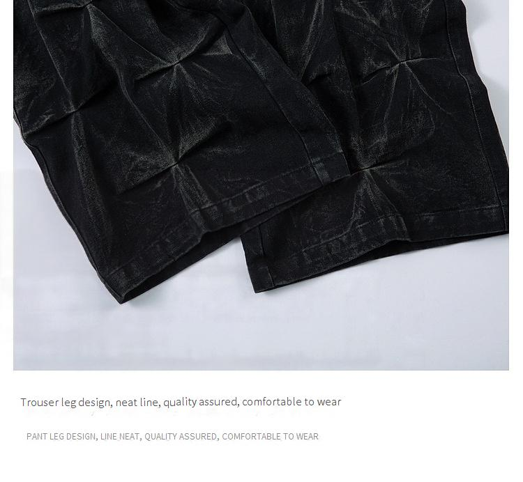 Calça jeans plissada encerada para homens e mulheres, com costura à mão, desgastada_voghion.com
