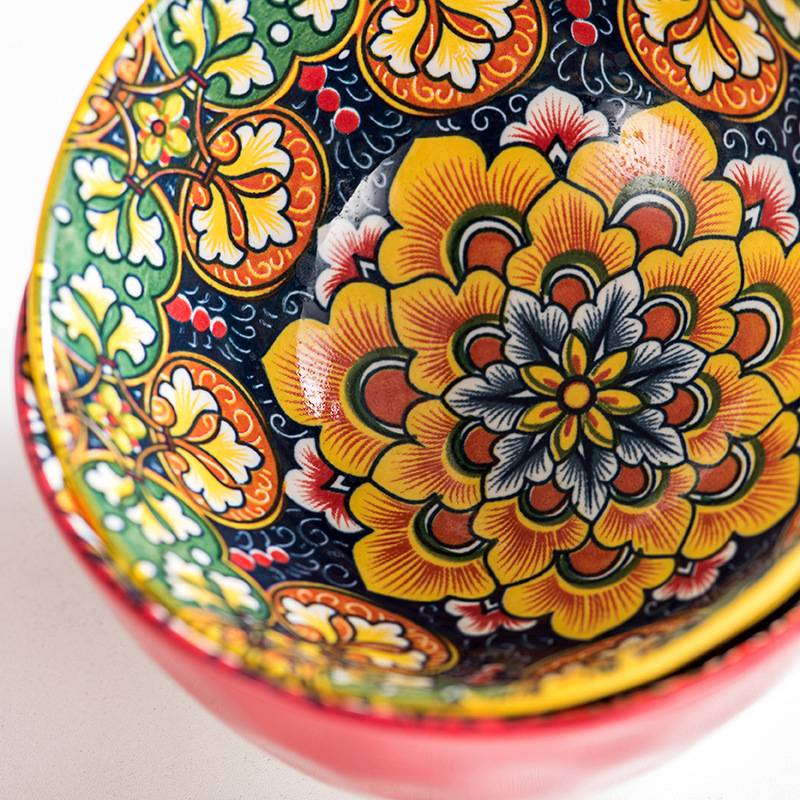 Bohemian Ceramic Soup Bowl Set 6 Piece Hand Painted Under Glaze Dinnerware Microwave Dishwasher Safe 32oz Large Noodle Bowls_voghion.com