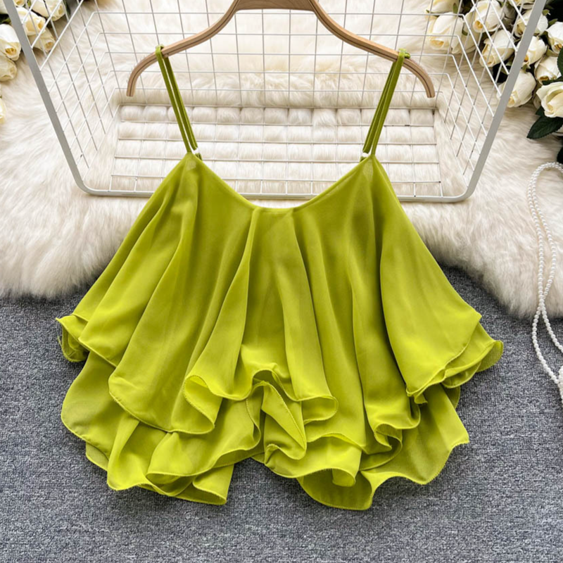 Women's Clothing Summer Blouse Versatile Loose Ruffled Off Shoulder Double Layer Sleeveless Chiffon Camisole For Women_voghion.com