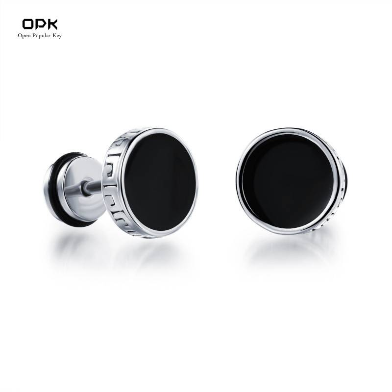 Herrenschmuck Titanstahl Ohrringe Galvanisierte goldene Große Mauer Muster Flache runde Kuchenform Klebeohrringe_voghion.com
