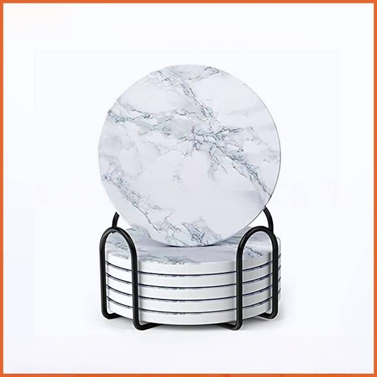 Sottobicchieri in ceramica di alta qualità con effetto marmo bianco - Set da 6/8 pezzi con supporto in metallo | Sottobicchieri assorbenti ed ecologici per la casa e l'ufficio_voghion.com