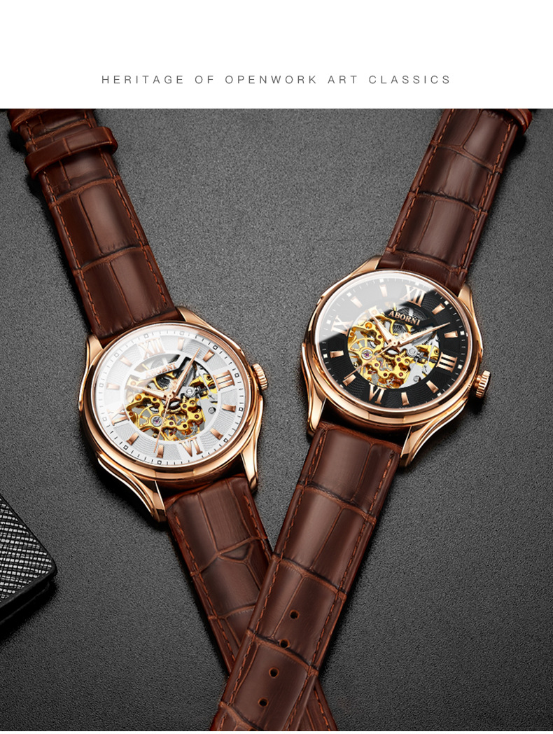 Montre squelette automatique pour homme avec bracelet en cuir, étanche et lumineuse, design ajouré double face, montre mécanique tendance_voghion.com