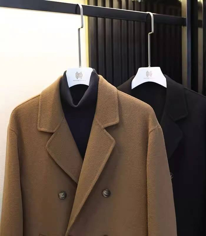 Übergroßer zweireihiger Mantel aus Wollmischung für Herren – Langer, knielanger Trenchcoat (M-3XL, Schwarz/Kaffee)_voghion.com