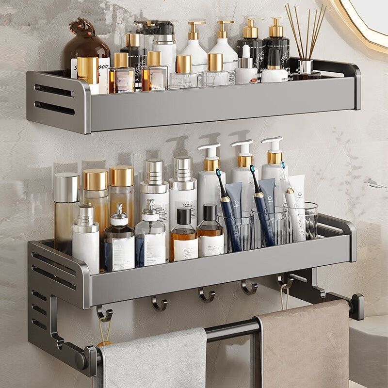 Aluminum Bathroom Shelf With Hooks - Wall Mounted Organizer For Towels, Toiletries & Cosmetics Rustproof, Space-Saving,_voghion.com