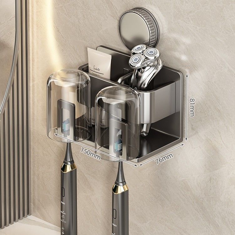 Suction Cup Toothbrush Holder With Cups & Hair Dryer Stand - No Drill Wall Mount Bathroom Organizer For Family Of 4, 3 Or Couples_voghion.com