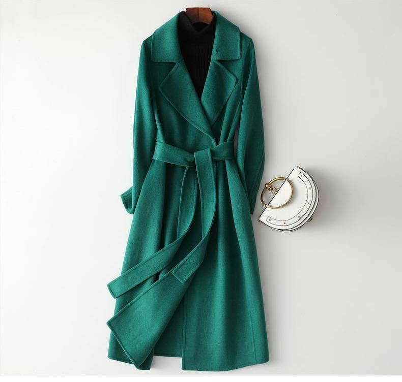 Abrigo de mezcla de lana ajustado para mujer: gabardina de invierno de largo medio con detalle de cordones (negro, blanco, rojo y verde)_voghion.com