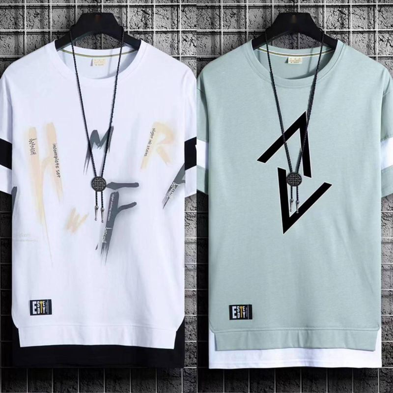two-piece Short Trendy Brand Summer Casual Half Men's T-shirt Ice Silk Quick Drying 5/4 Medium Sleeved Clothes_voghion.com