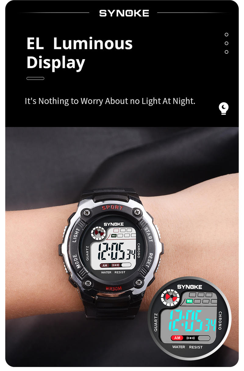 SYNOKE student watch, fashionable men's electronic watch, waterproof alarm clock, multi-functional running sports fashion_voghion.com