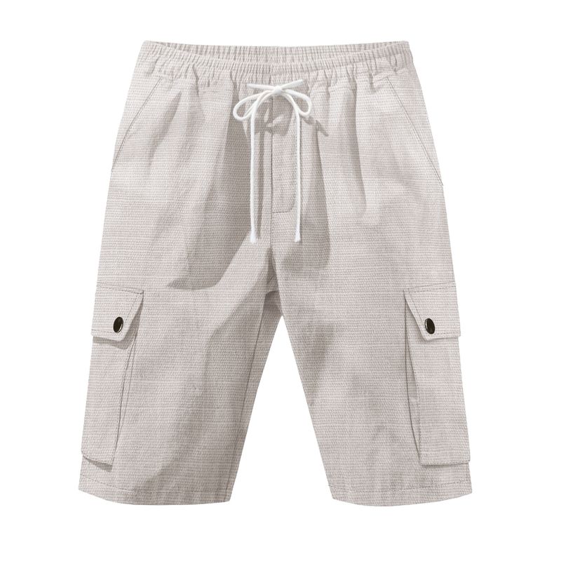 Pantaloncini da uomo in lino, pantaloncini cargo tinta unita con elastico in vita, tasche per viaggi e tempo libero, pantaloncini da spiaggia a gamba larga per l'estate_voghion.com