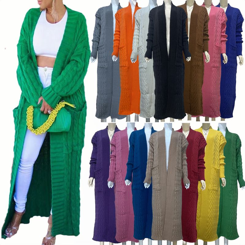 Damen-Strickpulloverjacke mit langen Ärmeln, lockerer langer Strickjacke_voghion.com