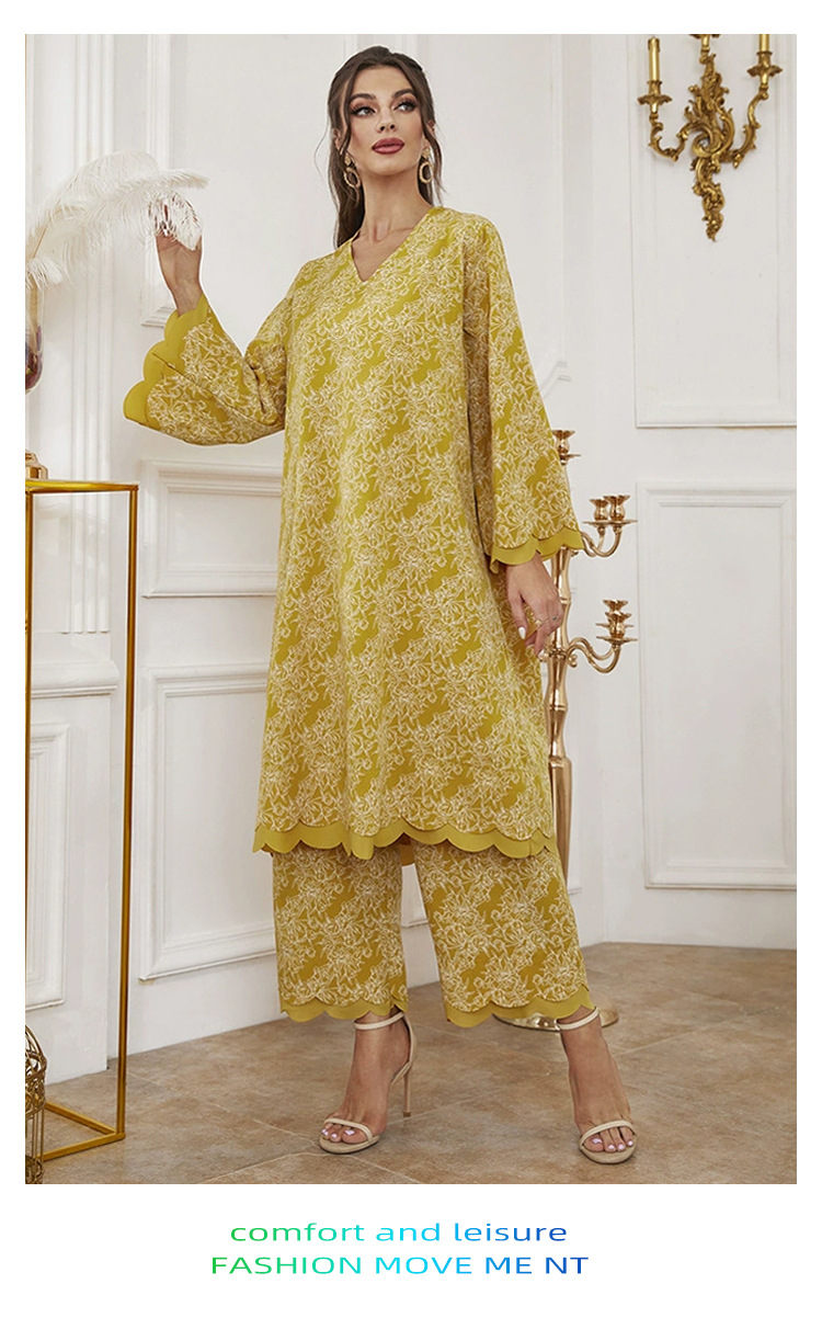 Women's casual V-neck printed long-sleeve suit_voghion.com