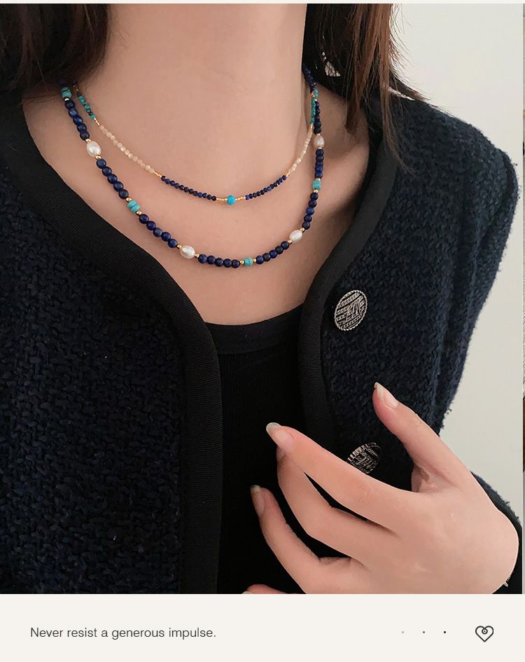 Collana di perle in pietra naturale fatta a mano con perle di lapislazzuli, girocollo bohémien a strati per outfit casual ed eleganti._voghion.com