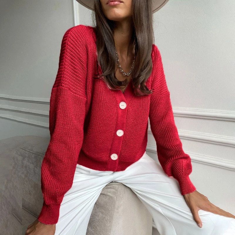 Damenbekleidung Herbst- und Winter-Strickjacke, einreihig, einfarbig, gestrickt, Unterhemd, Temperament, Pendlerpullover, Pullover, Damen_voghion.com