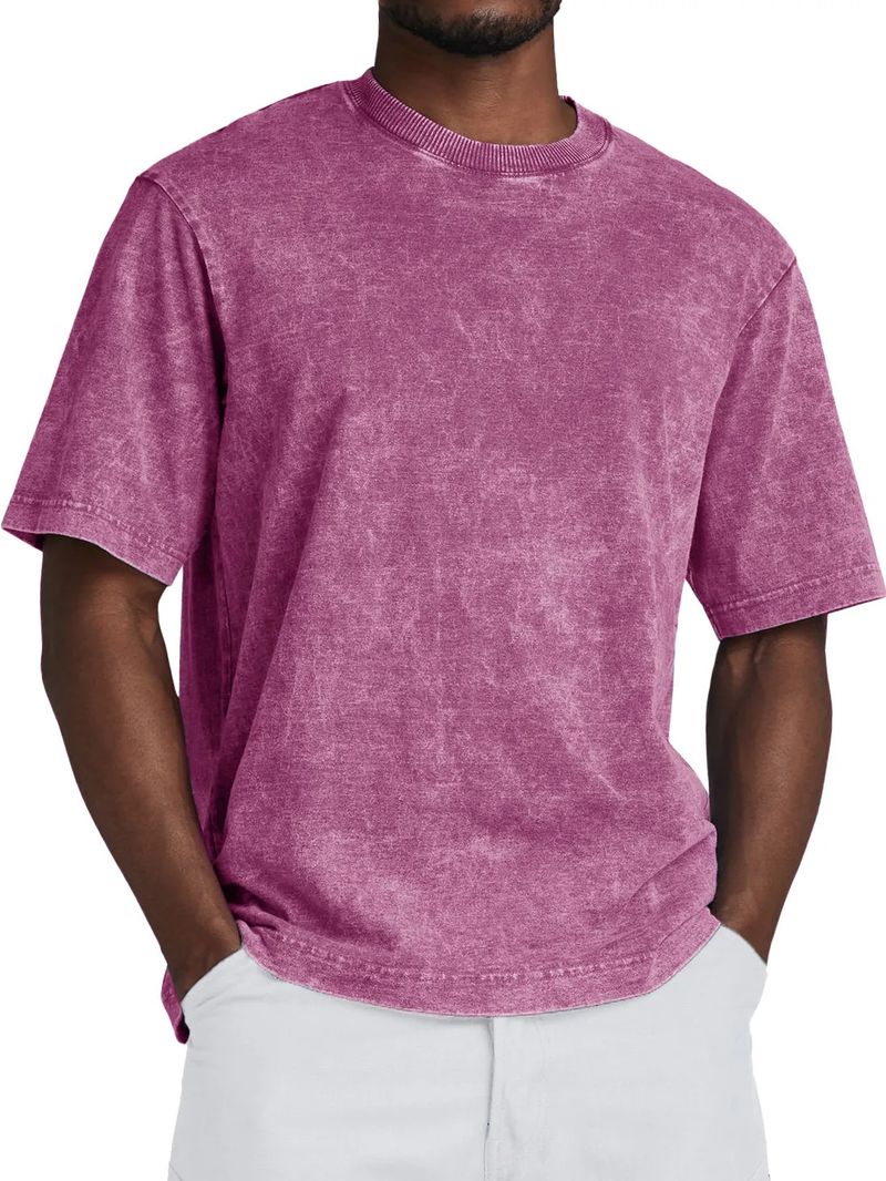 Camiseta vintage de algodão lavado para homens - ajuste macio e relaxado, respirável e confortável, gola redonda clássica, uso casual diário_voghion.com