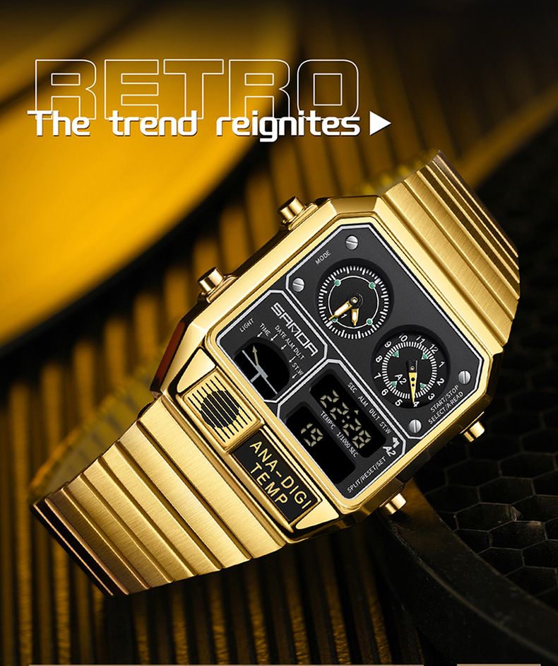 Montre électronique Bracelet carré en acier Montre électronique Thermomètre Chronomètre Chronomètre Montre électronique multifonctionnelle_voghion.com