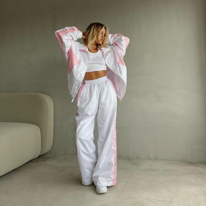 Women's Winter Sports Suit Zipper Color-Block Jacket Elastic Waist Floor-Length Pants Two-Piece Set Trendy Style_voghion.com