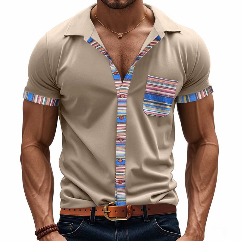 Men's Clothing TK New Summer Men's Loose Casual Light Luxury Bohemian Style Contrast Color Shirt Short Sleeved Cardigan_voghion.com