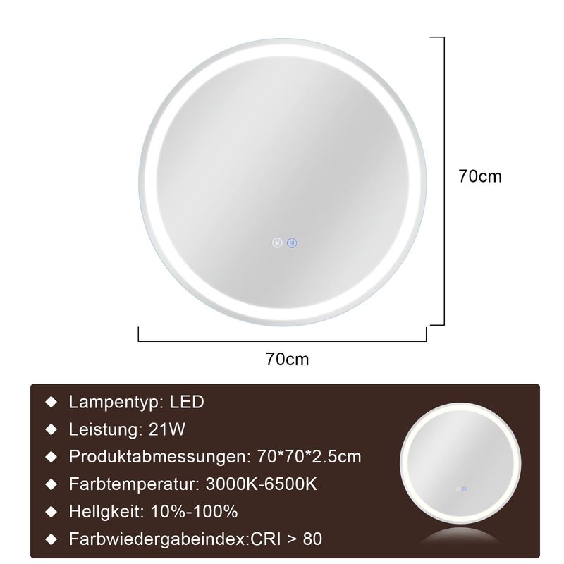Glitzerlife Spiegel Bad Mit Beleuchtung - LED Badspiegel Rund 70cm Wandspiegel Dimmbar 3000K-6500K IP44 Mit Touch-Schalter Und Entfogger-Funktion Lichtspiegel_voghion.com