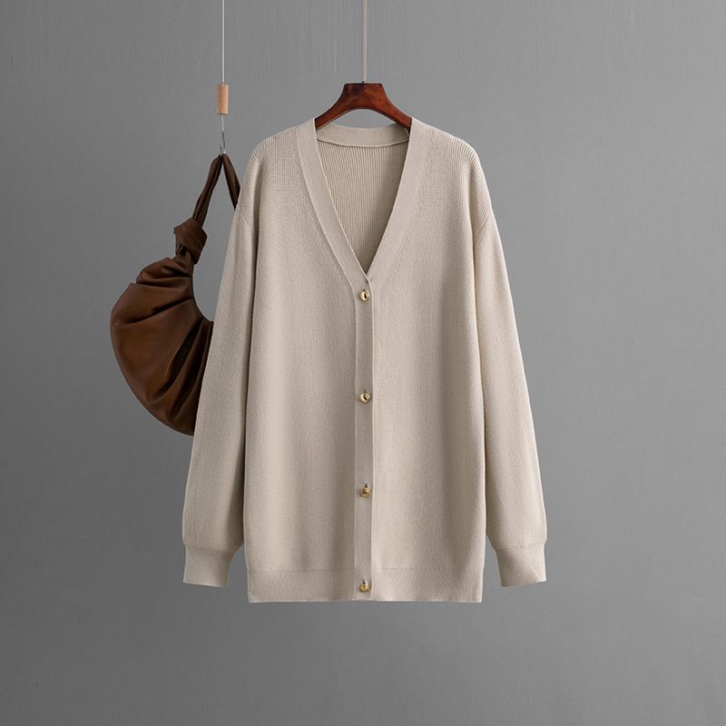 Cardigan tricoté à col en V pour femme, couleur unie, ample, mi-long, automne-hiver_voghion.com